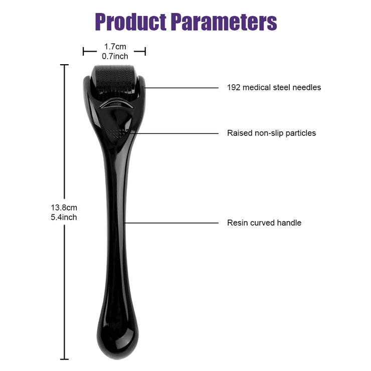 Beard Growth Kit with Microneedle Roller featuring 192 medical steel needles and a resin curved handle for thicker, fuller beard growth. Includes raised non-slip particles for better grip and precision.