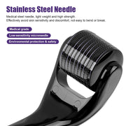 Close-up of stainless steel microneedle roller from Beard Growth Kit with ergonomic black handle. Designed for thicker, fuller beard growth.