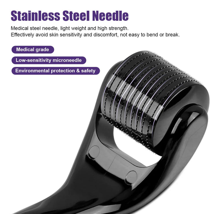 Close-up of stainless steel microneedle roller from Beard Growth Kit with ergonomic black handle. Designed for thicker, fuller beard growth.