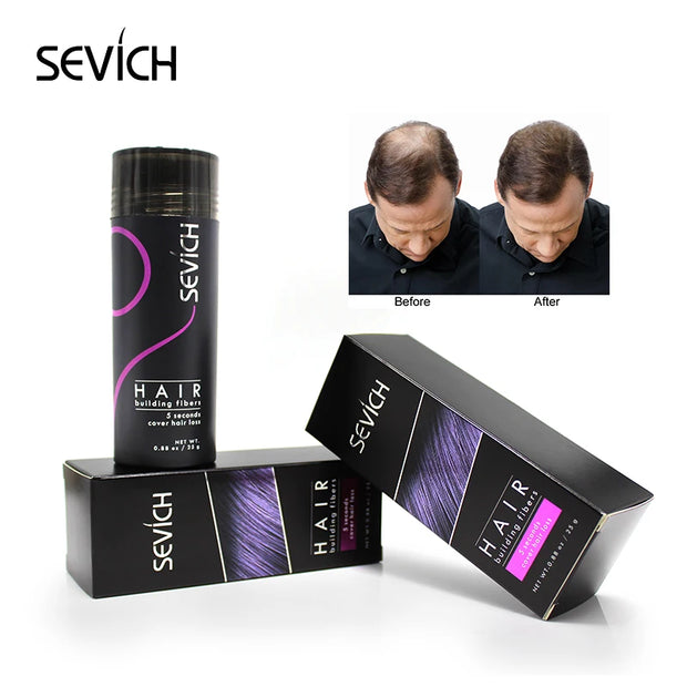 Sevich Hair Building Fibers Keratin Thickening Powder with packaging and before-after results for concealing thinning hair and boosting volume.
