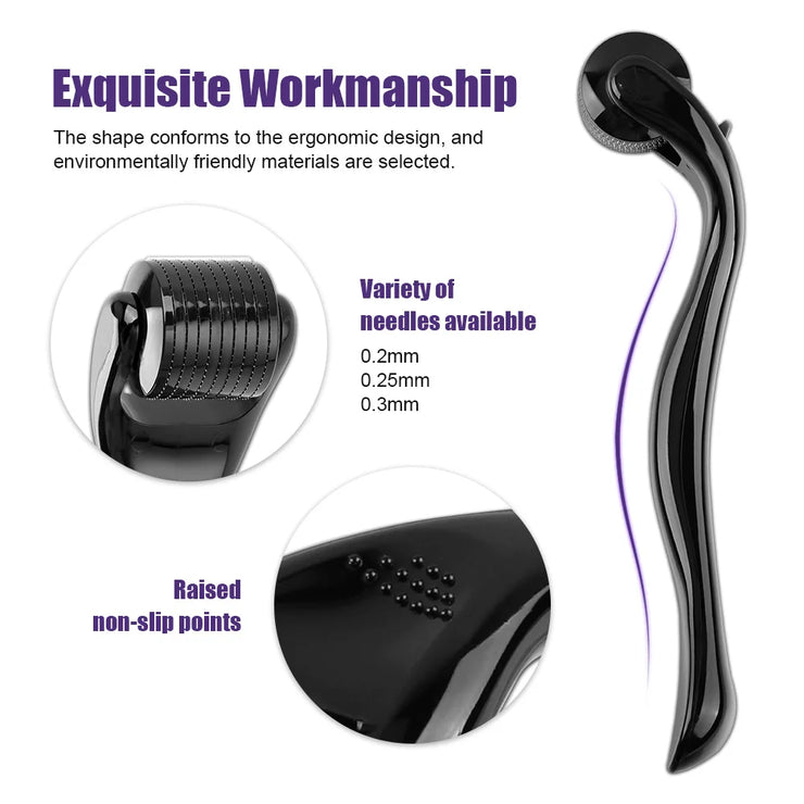 Beard Growth Kit with Microneedle Roller for Thicker Fuller Beard featuring ergonomic black handle and interchangeable needle sizes for facial hair care.