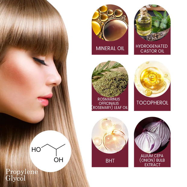 Hair Growth Oil Anti Hair Loss Spray ingredients include red onion bulb extract, castor oil, rosemary oil, tocopherol, and propylene glycol.