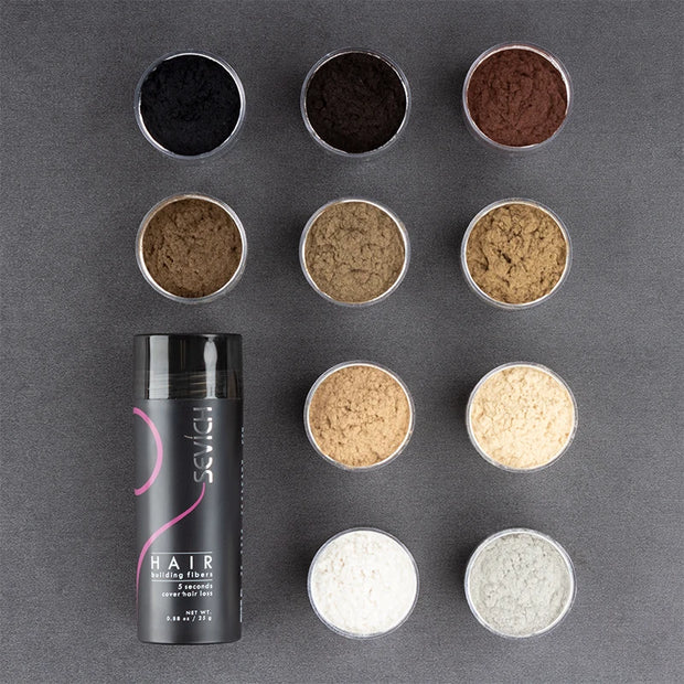 Sevich Hair Building Fibers Keratin Thickening Powder in 27.5g bottle with 10 color options for matching natural hair shades and covering hair loss.