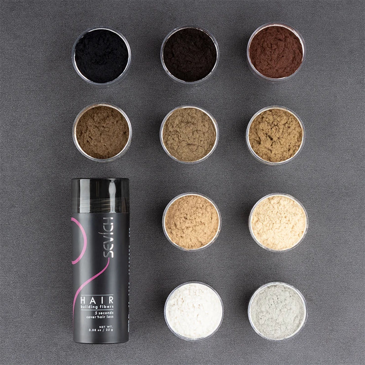 Sevich Hair Building Fibers Keratin Thickening Powder in 27.5g bottle with 10 color options for matching natural hair shades and covering hair loss.