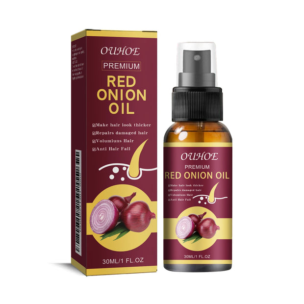 Hair Growth Oil Anti Hair Loss Spray for Thicker Fuller Hair in 30ml bottle with red onion oil formula, shown with branded packaging.