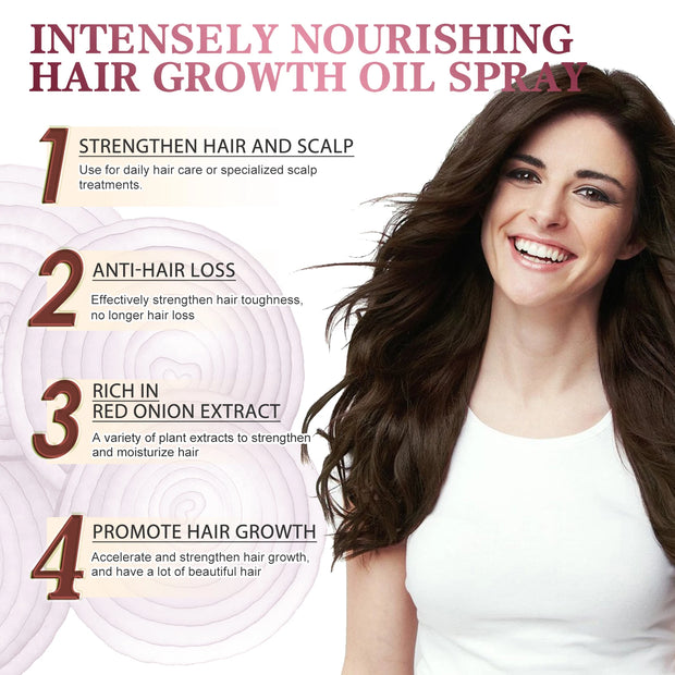 Hair Growth Oil Anti Hair Loss Spray strengthens scalp, reduces hair loss, and promotes growth with red onion extract and nourishing ingredients.