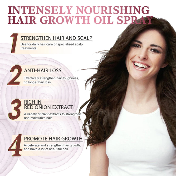 Hair Growth Oil Anti Hair Loss Spray strengthens scalp, reduces hair loss, and promotes growth with red onion extract and nourishing ingredients.