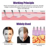Beard Growth Kit with Microneedle Roller for Thicker Fuller Beard showing microneedle penetration depths and benefits for skin and hair regrowth. Ideal for stimulating collagen and enhancing beard growth.